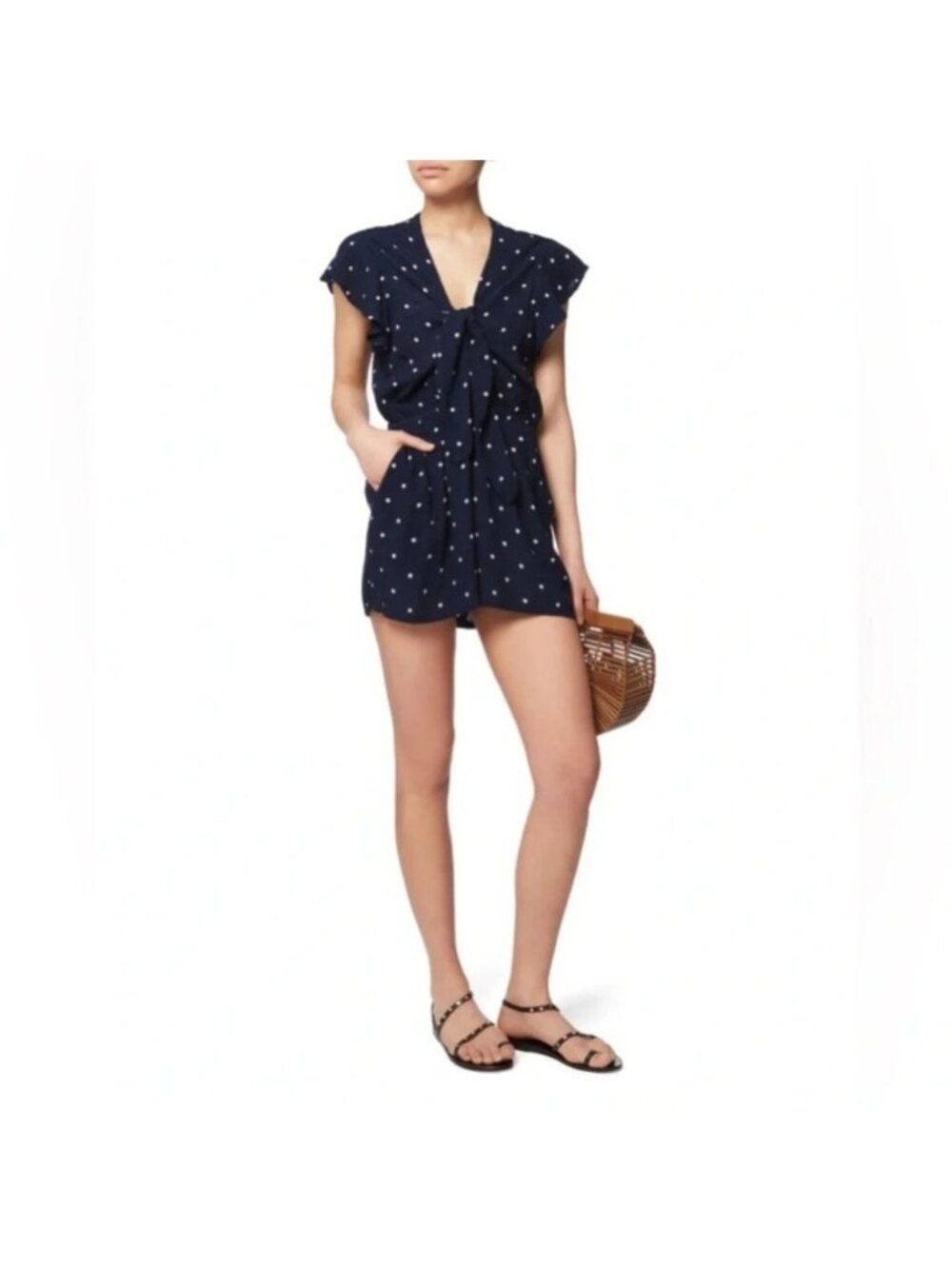 Rails Minka Navy Blue Polka Dot Romper Ruffle Sleeve Tie Front Chic Classic XS